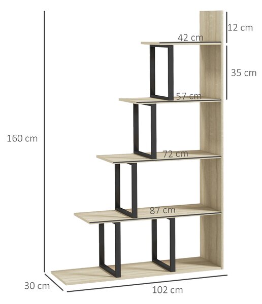 HOMCOM Libreria con 5 ampie mensole in legno, separatore di ambienti in stile industriale a scala, 102x30x160cm, color quercia | Aosom Italy