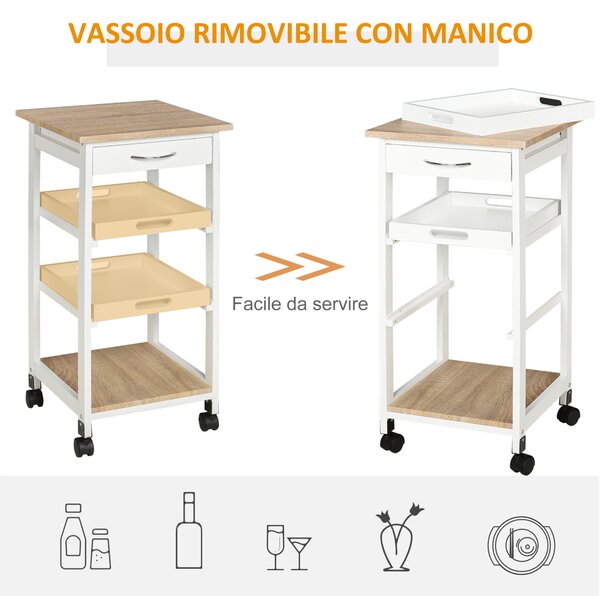 HOMCOM Carrello da cucina con ruote e 2 ripiani rimovibili, multi-rangementi cassetto con scaffale quercia di pino, 37x37x76 cm, bianco | Aosom Italy