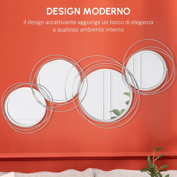 HOMCOM Set di 4 specchi murale sospesa rotondi in metallo argentato, dipinto a mano con ganci e un kit di accessori, 107 x 56cm | Aosom Italy