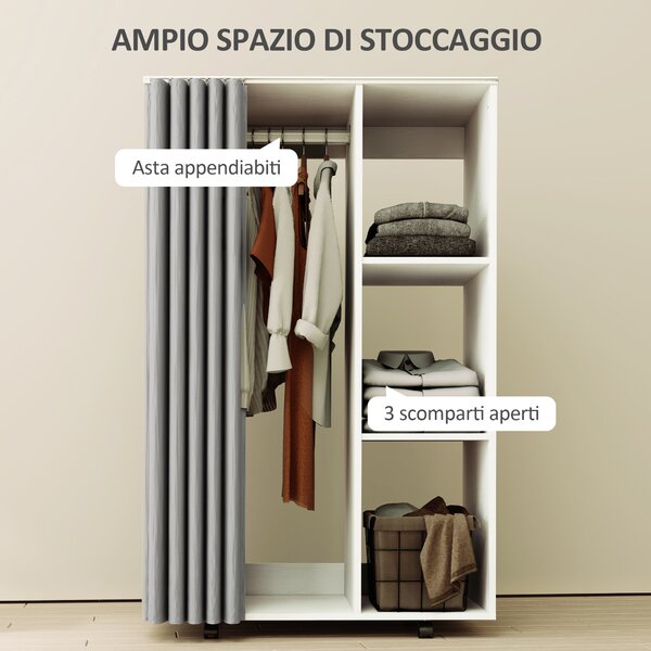 HOMCOM Armadio mobile con 6 ruote 3 scomparti, Guardaroba con Le tende e barra per appendere i vestiti ed ripiani aperti, bianco | Aosom Italy