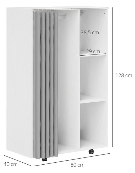 HOMCOM Armadio mobile con 6 ruote 3 scomparti, Guardaroba con Le tende e barra per appendere i vestiti ed ripiani aperti, bianco | Aosom Italy