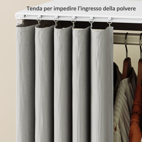 HOMCOM Armadio mobile con 6 ruote 3 scomparti, Guardaroba con Le tende e barra per appendere i vestiti ed ripiani aperti, bianco | Aosom Italy