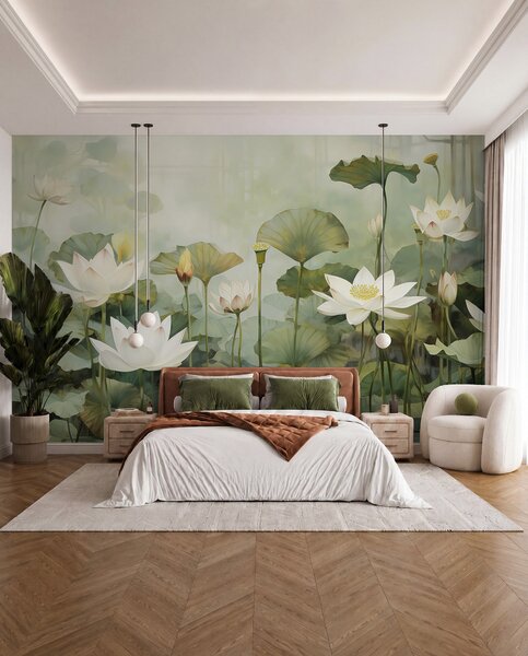 Carta da parati Fiori di loto nel lago, giungla, arte tropicale, verde, Carta da parati Floreale, u99454d1 : Uwalls.it