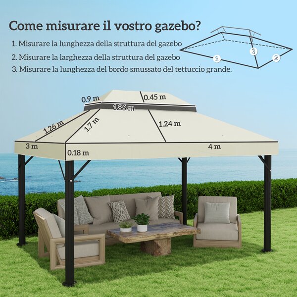 Outsunny Copertura per Gazebo da Giardino 3x4 m a 2 Livelli in Tessuto Oxford 600D con Fori di Drenaggio, Bianco Crema