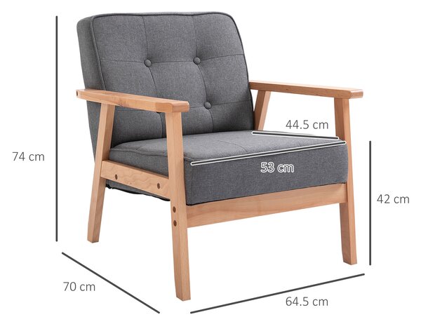 HOMCOM Poltroncina Vintage in Lino con Telatio in Legno e Trapuntatura a Bottoni per Soggiorno, Sala da Pranzo e Camera da Letto, Grigio Chiaro|Aosom