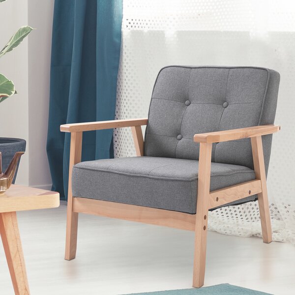 HOMCOM Poltroncina Vintage in Lino con Telatio in Legno e Trapuntatura a Bottoni per Soggiorno, Sala da Pranzo e Camera da Letto, Grigio Chiaro|Aosom