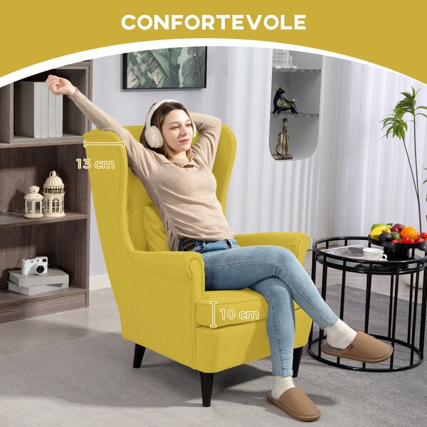 HOMCOM Poltrona con Poggiapiedi in Stile Contemporaneo, in Tessuto Effetto Lino e Legno di Caucciù, 75x83x104 cm, Giallo | Aosom Italy