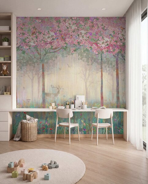 Carta da parati Alberi fioriti con lunghi tronchi, cervi tra gli, Carta da parati per Bambini, Carta da parati Nursery Forest, u62100d2 : Uwalls.it