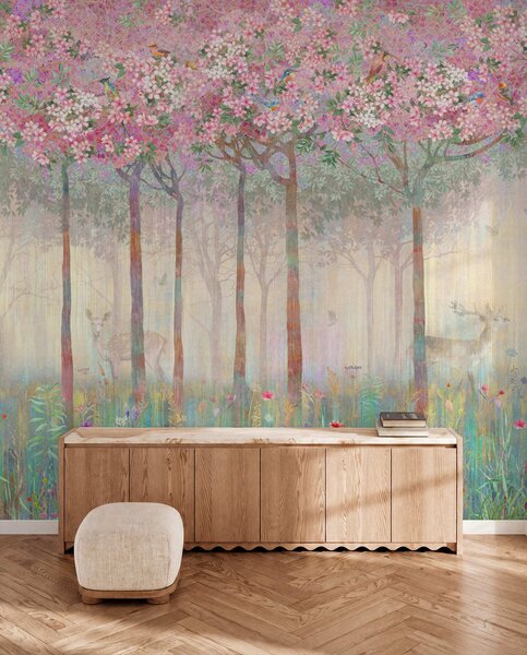 Carta da parati Alberi fioriti con lunghi tronchi, cervi tra gli, Carta da parati per Bambini, Carta da parati Nursery Forest, u62100d2 : Uwalls.it