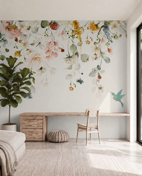Carta da parati Fiori e colibrì, Carta da parati Acquerello, u59610d2 : Uwalls.it