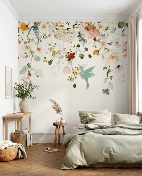 Carta da parati Fiori e colibrì, Carta da parati Acquerello, u59610d2 : Uwalls.it