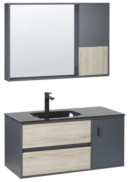 Mobile da bagno con specchio grigio MDF legno chiaro 100 cm lavabo in ceramica armadio a muro Beliani