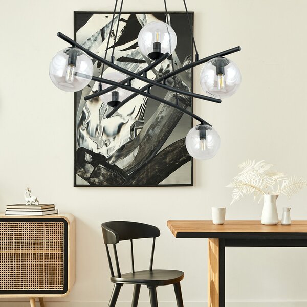 Lampadario Moderno Zarmon Acciaio Nero Trasarente 5 Luci E14