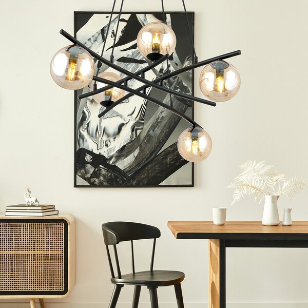 Lampadario Moderno Zarmon Acciaio Nero 5 Luci E14