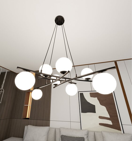 Lampadario Moderno Zarmon Acciaio Nero Bianco 8 Luci E14