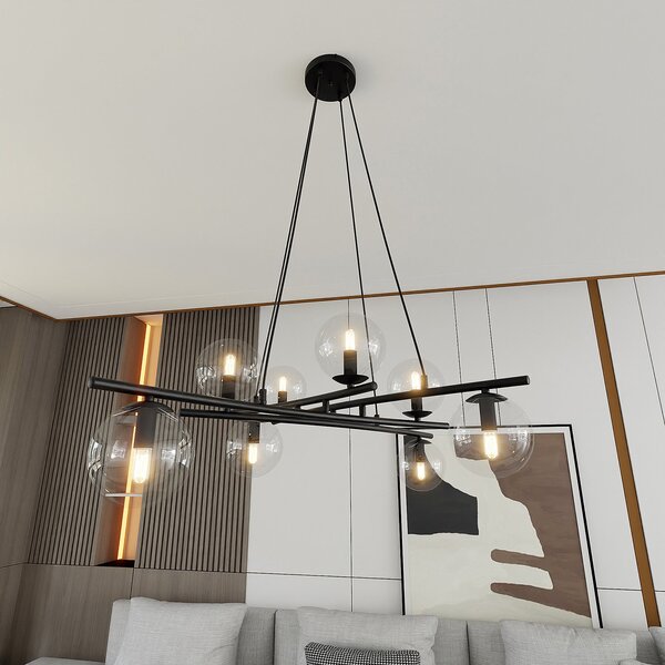 Lampadario Moderno Zarmon Acciaio Nero Trasparente 8 Luci E14
