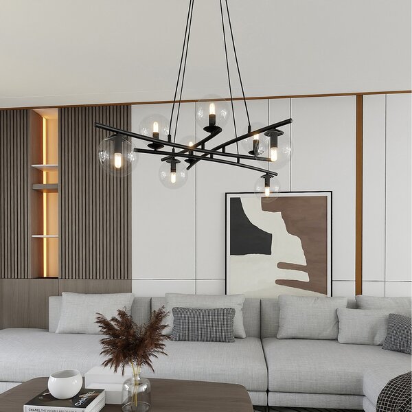 Lampadario Moderno Zarmon Acciaio Nero Trasparente 8 Luci E14