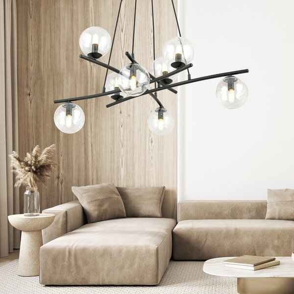 Lampadario Moderno Zarmon Acciaio Nero Trasparente 8 Luci E14