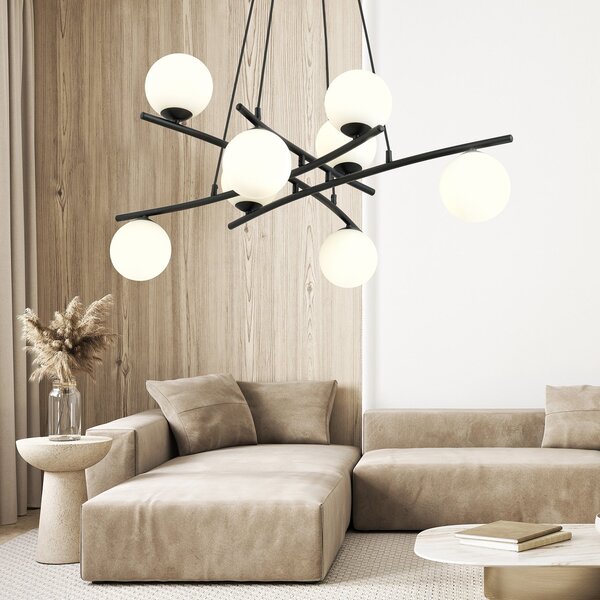 Lampadario Moderno Zarmon Acciaio Nero Bianco 8 Luci E14