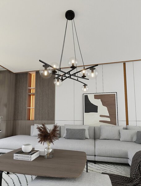 Lampadario Moderno Zarmon Acciaio Nero Trasparente 8 Luci E14