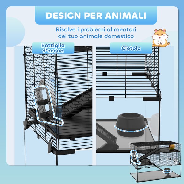 PawHut Gabbia per Criceti a 3 Livelli con Base in Vetro Temperato, Ruota e Accessori, 76.5x48.5x54.5 cm, Nero | Aosom Italy