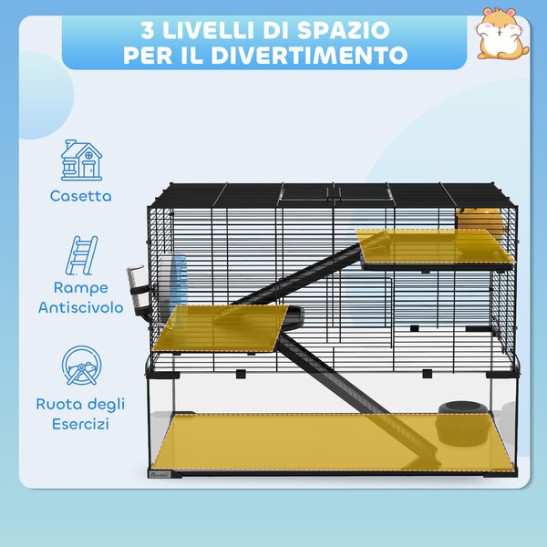 PawHut Gabbia per Criceti a 3 Livelli con Base in Vetro Temperato, Ruota e Accessori, 76.5x48.5x54.5 cm, Nero | Aosom Italy