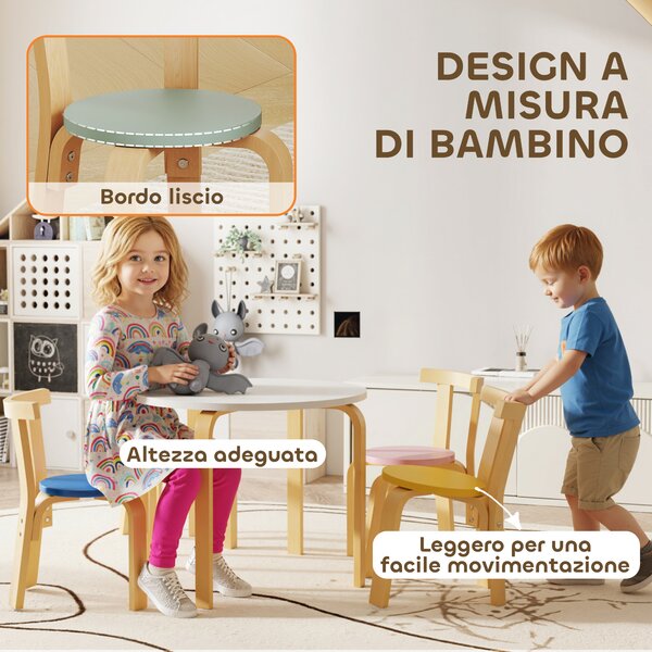AIYAPLAY Set Tavolo e Sedie per Bambini 3-8 Anni 5 pz con Bordi Arrotondati in Legno Multicolore | Aosom Italy