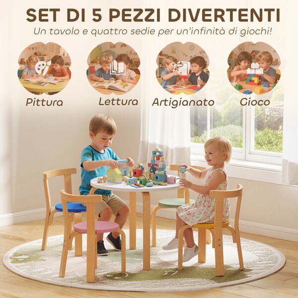 AIYAPLAY Set Tavolo e Sedie per Bambini 3-8 Anni 5 pz con Bordi Arrotondati in Legno Multicolore | Aosom Italy