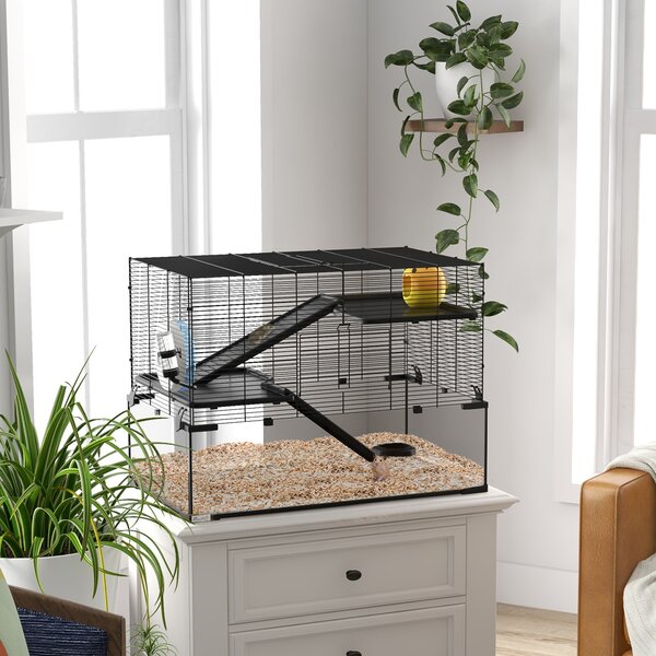 PawHut Gabbia per Criceti a 3 Livelli con Base in Vetro Temperato, Ruota e Accessori, 76.5x48.5x54.5 cm, Nero | Aosom Italy