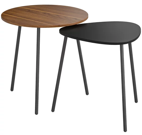 Set 2 Tavolini da Salotto Impilabili con Telaio in Metallo Noce e Nero