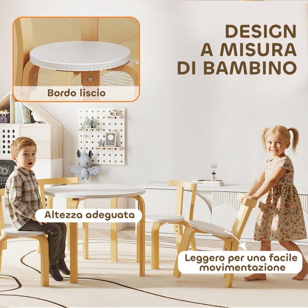 AIYAPLAY Set Tavolo e Sedie per Bambini 3-8 Anni 5 pz con Bordi Arrotondati in Legno Bianco | Aosom Italy