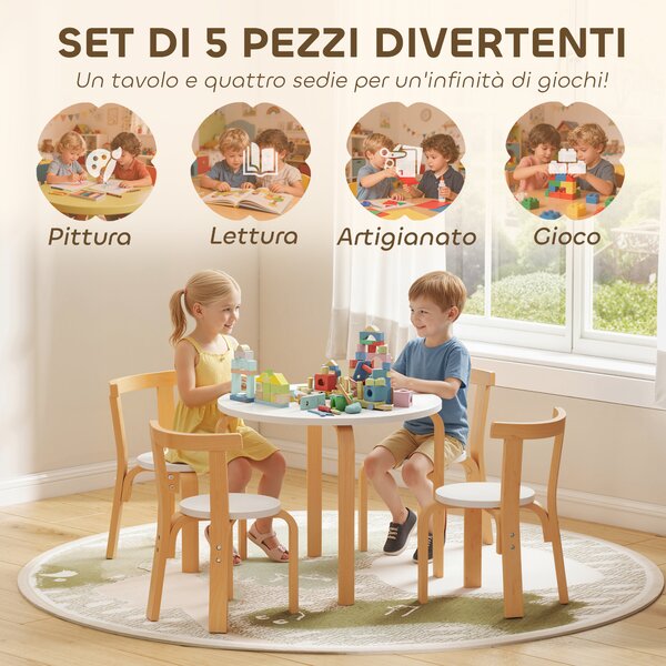 AIYAPLAY Set Tavolo e Sedie per Bambini 3-8 Anni 5 pz con Bordi Arrotondati in Legno Bianco | Aosom Italy