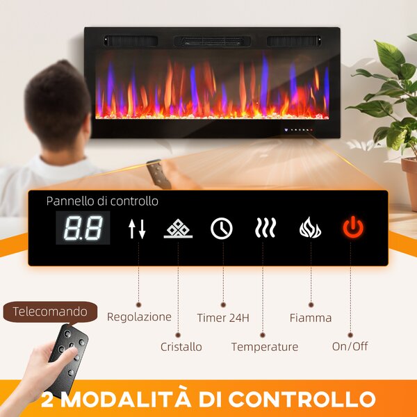 HOMCOM Camino Elettrico da Incasso o a Parete con Temperatura Regolabile e Fiamma, in Acciaio e Vetro, 106.7x9.4x47 cm, Nero | Aosom Italy