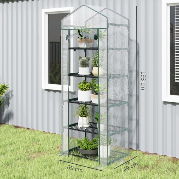 Outsunny Mini Serra in tubi per Orto a 5 Ripiani con Copertura in PVC, per Giardino e Terrazza, 69x49x193cm, Trasparente | Aosom Italy