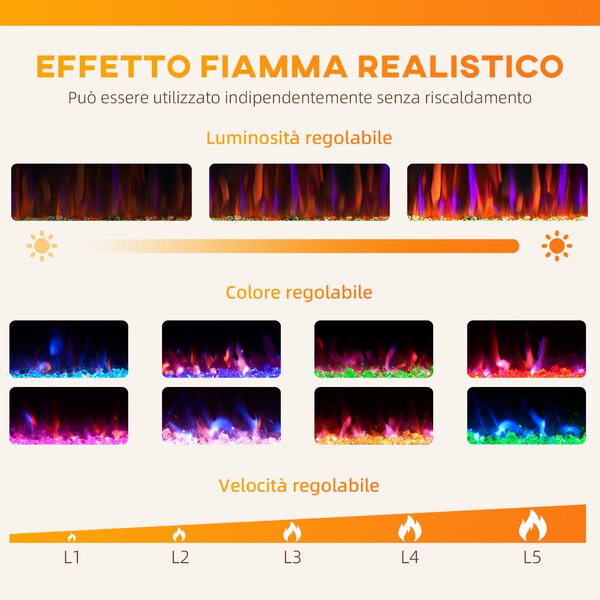 HOMCOM Camino Elettrico da Incasso o a Parete con Temperatura Regolabile e Fiamma, in Acciaio e Vetro, 106.7x9.4x47 cm, Nero | Aosom Italy