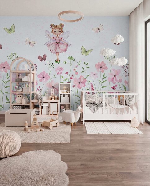 Carta da parati Una fata tra fiori e farfalle, Carta da parati per Bambini, Carta da parati per Ragazze, w01460 : Uwalls.it