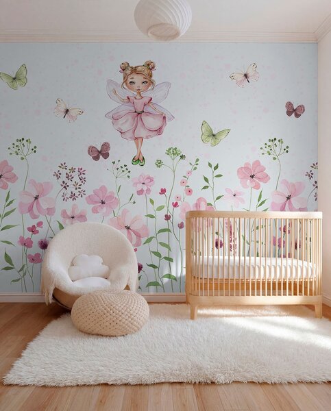 Carta da parati Una fata tra fiori e farfalle, Carta da parati per Bambini, Carta da parati per Ragazze, w01460 : Uwalls.it