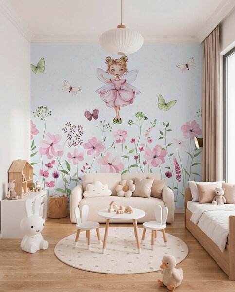 Carta da parati Una fata tra fiori e farfalle, Carta da parati per Bambini, Carta da parati per Ragazze, w01460 : Uwalls.it