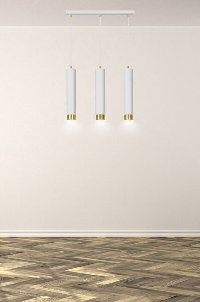 Lampadario 3 Luci Wagner In Acciaio Bianco E Tubolari In Bianco E Oro