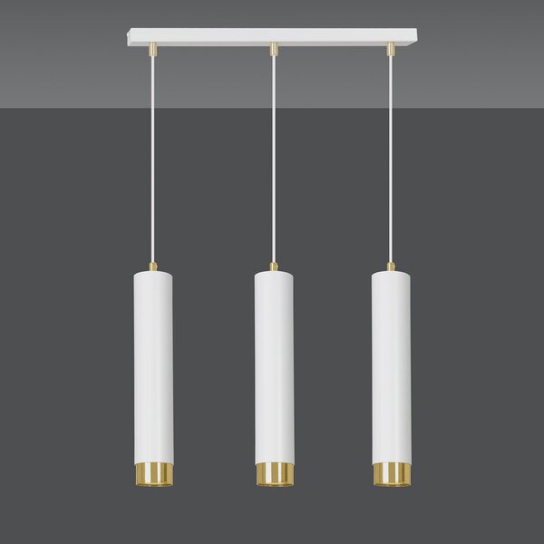 Lampadario 3 Luci Wagner In Acciaio Bianco E Tubolari In Bianco E Oro