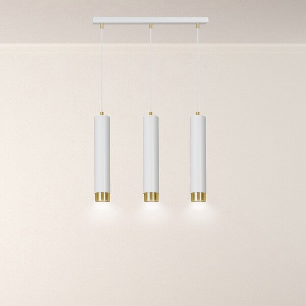 Lampadario 3 Luci Wagner In Acciaio Bianco E Tubolari In Bianco E Oro