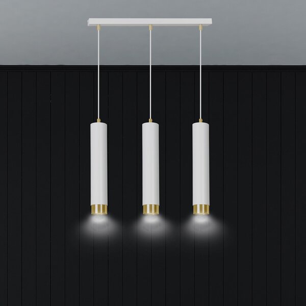 Lampadario 3 Luci Wagner In Acciaio Bianco E Tubolari In Bianco E Oro