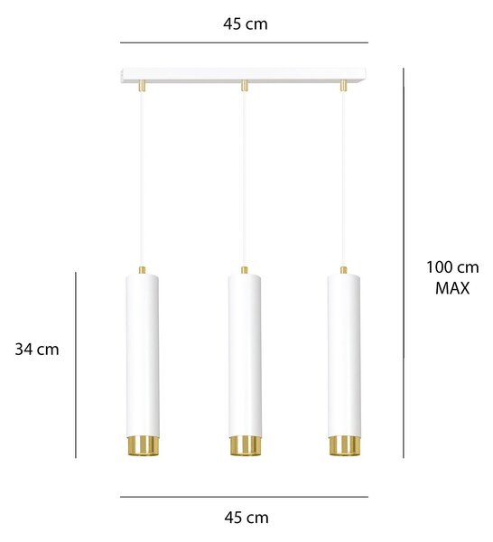 Lampadario 3 Luci Wagner In Acciaio Bianco E Tubolari In Bianco E Oro