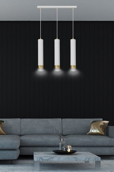 Lampadario 3 Luci Wagner In Acciaio Bianco E Tubolari In Bianco E Oro
