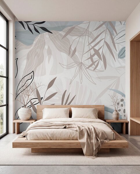 Carta da parati Design astratto floreale moderno con foglie beige pastello, grigie, blu e nere, line art, Carta da parati Moderno, w09105 : Uwalls.it