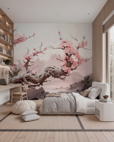 Carta da parati Tronco d'albero contorto con sakura rosa in fiore, Carta da parati Foresta, Carta da parati Alberi, w09388 : Uwalls.it