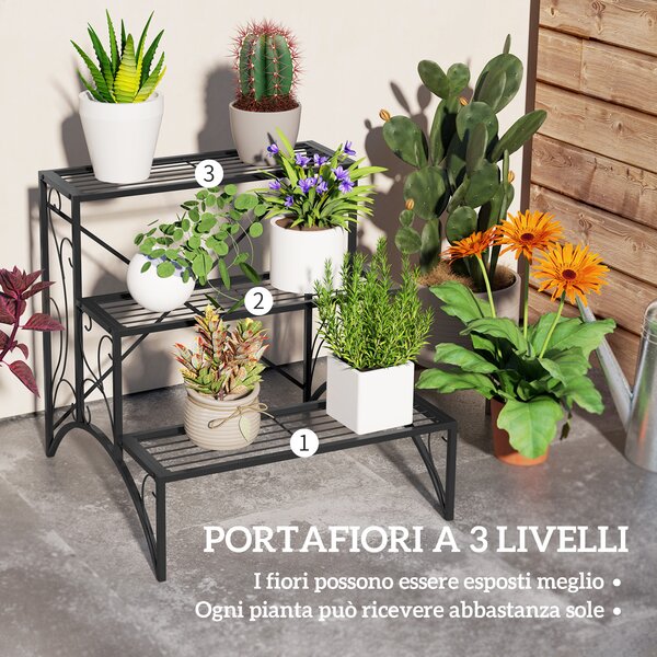 Outsunny Scaffale Porta Piante a 3 Livelli a Scaletta per Interno ed Esterno in Metallo, 60x60x60 cm, Nero