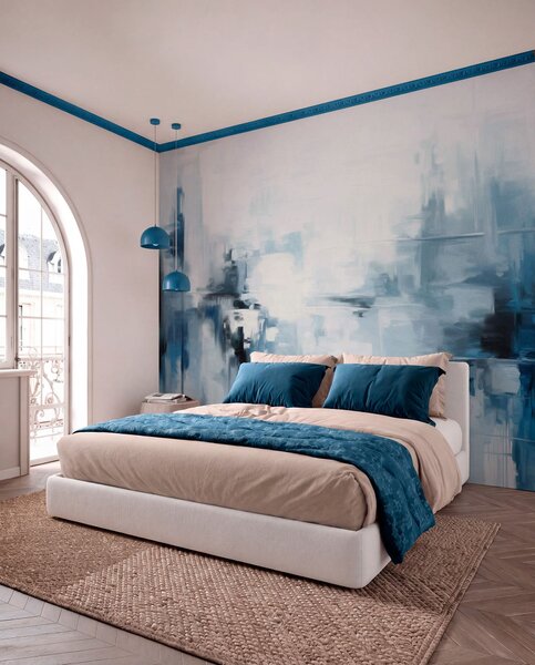Carta da parati Imitazione di un paesaggio astratto con pennellate blu e bianche, stile moderno, Carta da parati lastrazione, w09422 : Uwalls.it