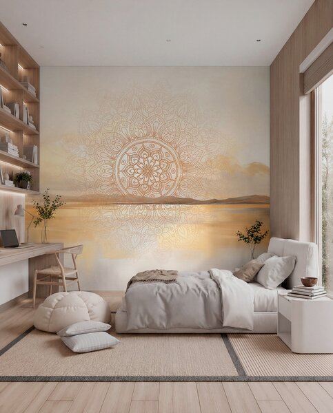 Carta da parati Disegno mandala simmetrico e strutturato che sovrappone un paesaggio con mare,, Carta da parati in stile Boho, w09491 : Uwalls.it