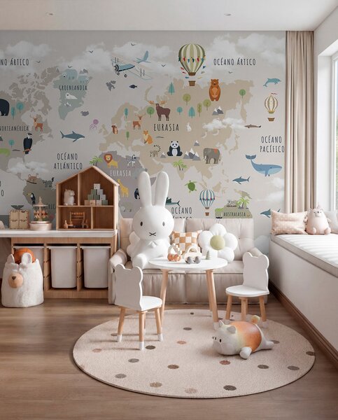 Carta da parati Mappa del mondo per bambini con animali e mongolfiere. Lingua spagnola., Carta da parati per Bambini, c00002es : Uwalls.it